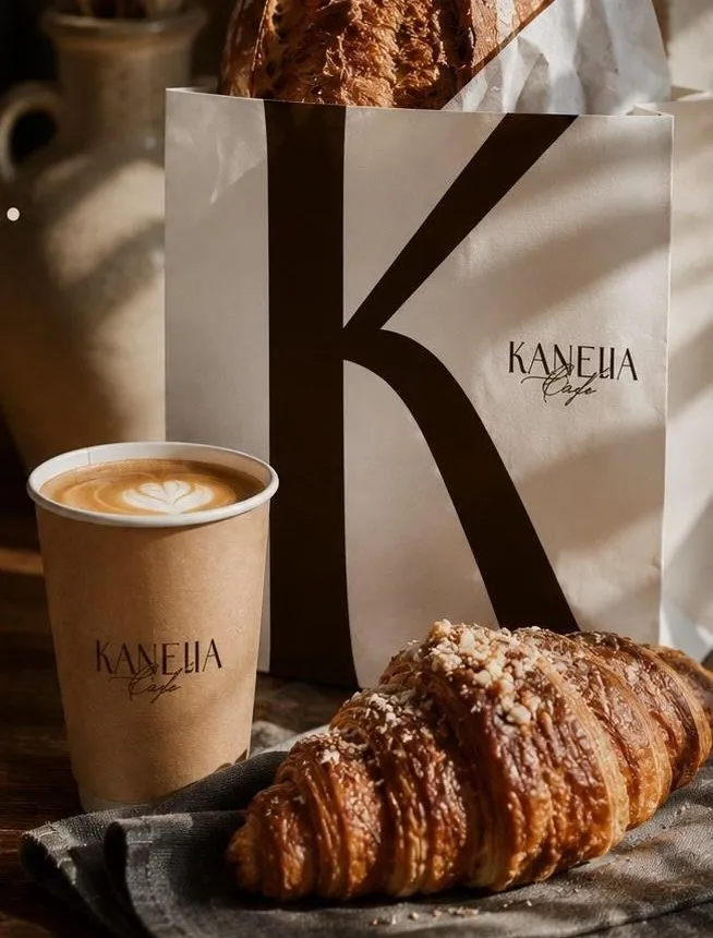 Kanelia Cafe kafijas krūzīte ar zīmējumu piena putās, kruasāns un papīra maisiņš ar burtu K